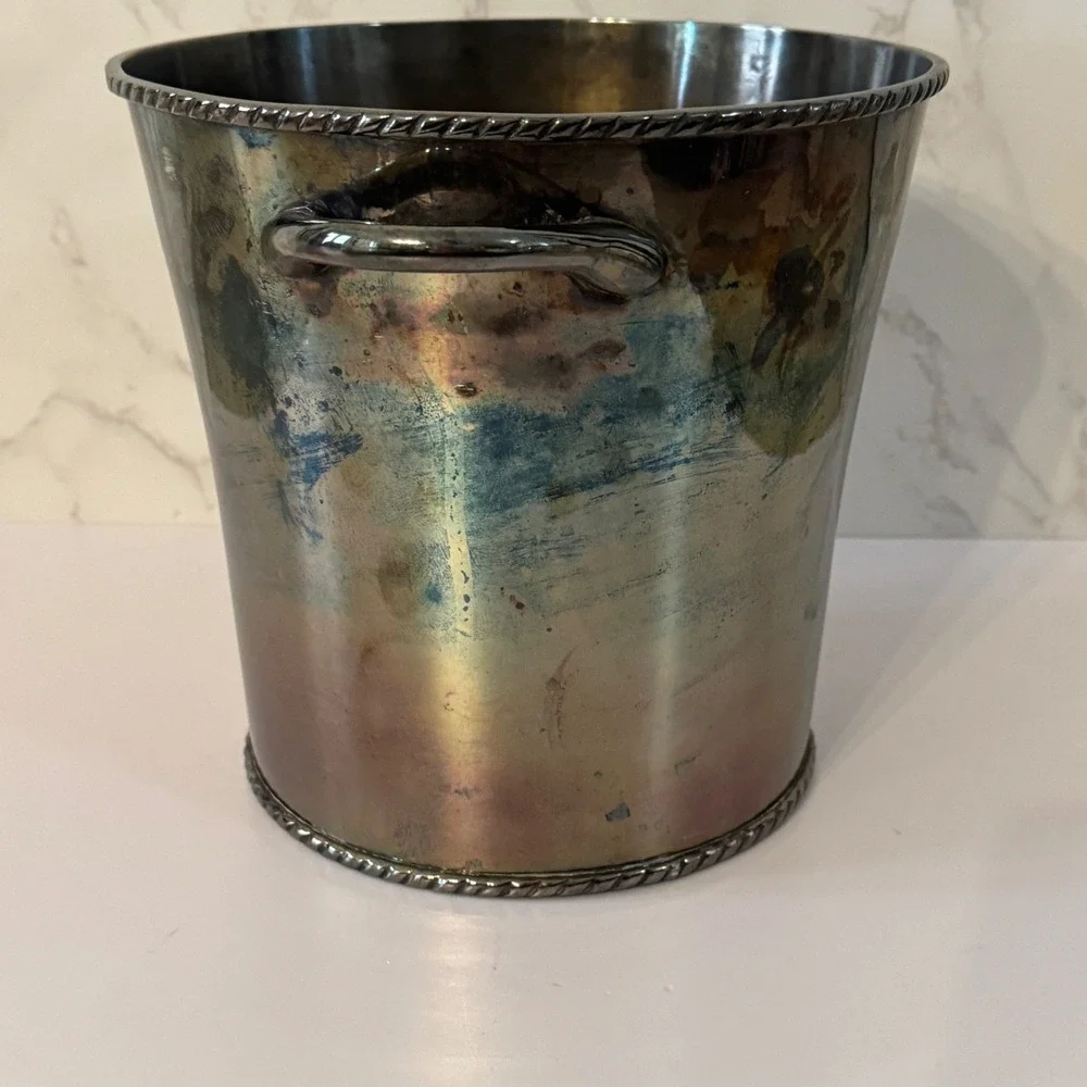 Pottery Barn Silver Plated Ice Bucket Rope Twist Trim Patina Barware 8 inch Vtg